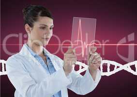 Doctor woman holding a glass with DNA strand