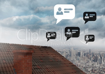 Chat profile bubbles over roof and city