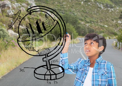 Boy drawing a globe on the road