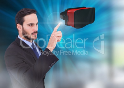 Man touching and interacting with virtual reality headset with transition effect