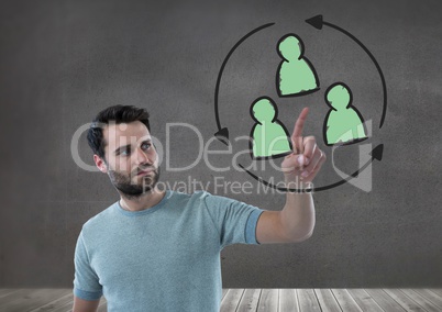 Businessman interacting and choosing a person from group of people icons with refresh symbol