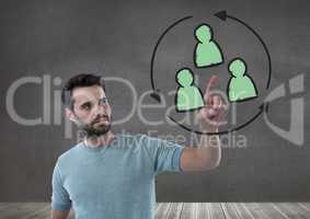 Businessman interacting and choosing a person from group of people icons with refresh symbol