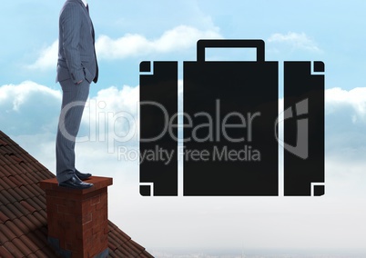Briefcase icon next to Businessman standing on Roof with chimney and cloudy sky