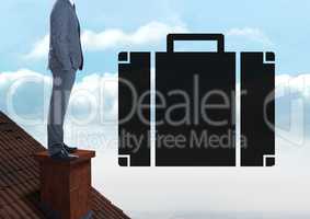 Briefcase icon next to Businessman standing on Roof with chimney and cloudy sky
