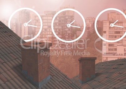 Clock icons over roofs and city