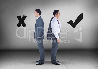 Correct right and wrong symbols with Businessman looking in opposite directions