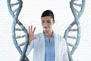 Doctor woman interacting with 3D DNA strand
