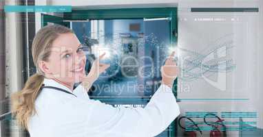Happy doctor woman interacting with DNA interface