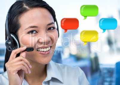 Customer service Woman on headset with shiny chat bubbles