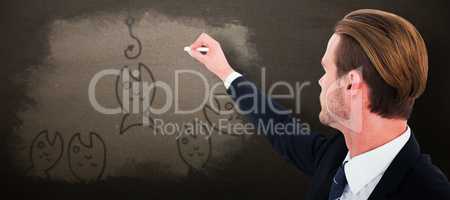 Composite image of well dressed businessman writing with chalk