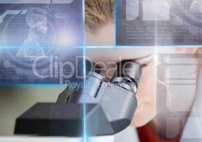 Female Student studying with microscope and science education interface graphics overlay