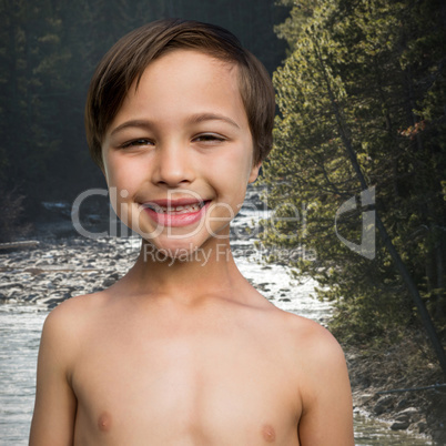 Composite image of close up of cheerful shirtless boy