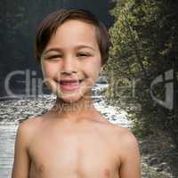 Composite image of close up of cheerful shirtless boy
