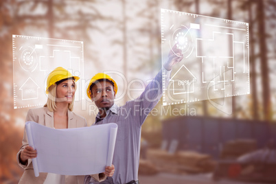 Composite image of man gesturing while standing with female architect