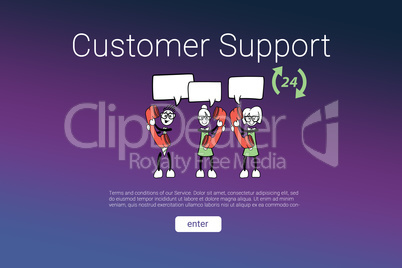 Composite image of human representations with customer support text and speech bubbles