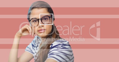 Woman with eye focus box over glasses and detail and lines