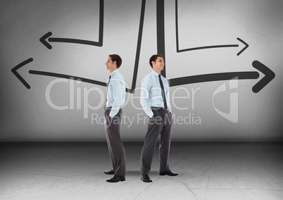 Left or right arrows drawings with Businessman looking in opposite directions