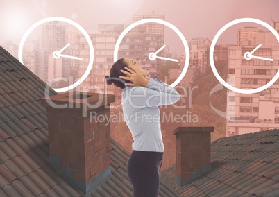Clock time icons and Businesswoman standing on Roofs with chimney contrasting with apartment blocks