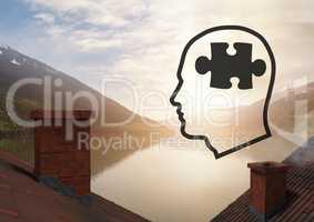 Head with puzzle piece icons over roofs by mountain lake