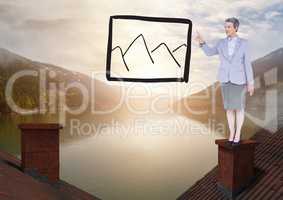 Mountain picture drawing and Businesswoman standing on Roofs with chimney and lake mountain landscap