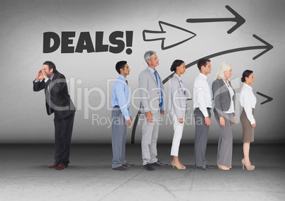 Deals text and arrows direction with Businessman calling in opposite direction of group