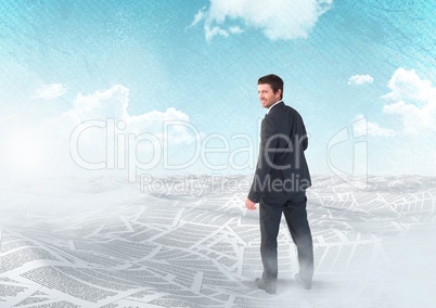 Businessman in sea of documents under sky clouds