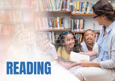 Reading text and Elementary school teacher with class