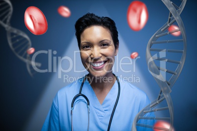 Happy doctor woman standing with DNA strands and cells