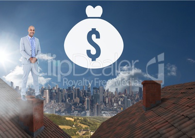 Money icon and Businessman standing on Roofs with chimney and city