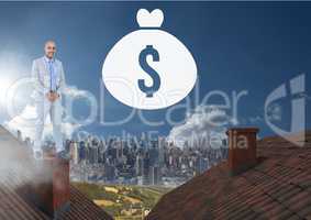 Money icon and Businessman standing on Roofs with chimney and city