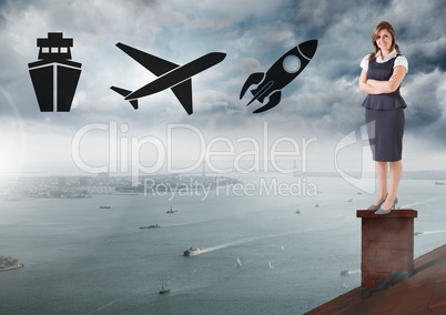 Ship, plane and rocket icons and Businesswoman standing on Roof with chimney and cloudy city port