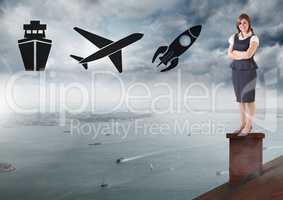 Ship, plane and rocket icons and Businesswoman standing on Roof with chimney and cloudy city port