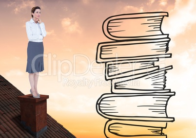 Woman on roof looking at book drawings