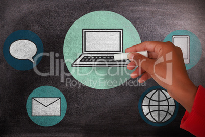 Composite image of cropped image of girl with hand raised holding chalk