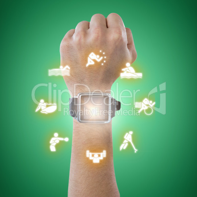 Composite image of cropped hand wearing watch