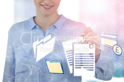 Composite image of businesswoman writing on imaginative digital screen