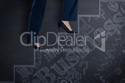 Composite image of conceptual image of businesswoman in heels climbing steps