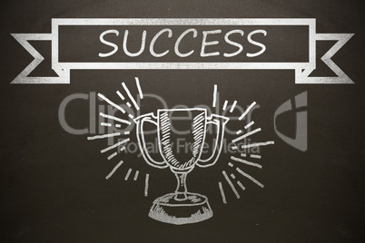 Composite image of graphic image of success text on banner over trophy