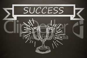 Composite image of graphic image of success text on banner over trophy