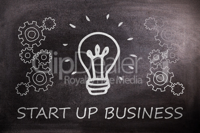 Composite image of digital image of light bulb amidst gears over start up business text
