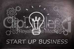 Composite image of digital image of light bulb amidst gears over start up business text