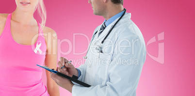 Composite image of doctor writing with pen on clipboard