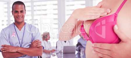 Composite image of mid section of woman in pink bra examining breast for cancer awareness
