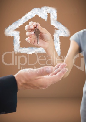 Hands Holding key with house icon in front of vignette