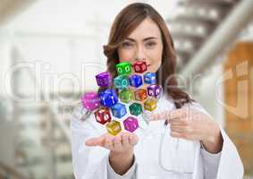woman with hand spread of with application icons floating on it