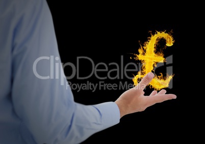 hand with pounds  fire icon over. Black background