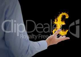 hand with pounds  fire icon over. Black background