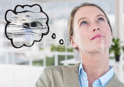 Business woman dreaming of beach against blurry office