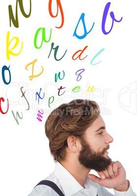hipster man thinking with colour letters on head
