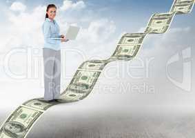 texting money. young businesswoman with laptop in money stairs